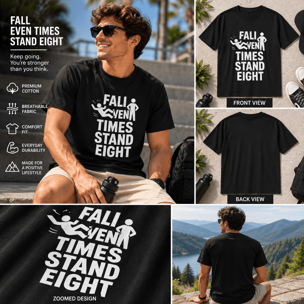 Fall Seven Times Stand Eight Motivational Graphic T-Shirt
