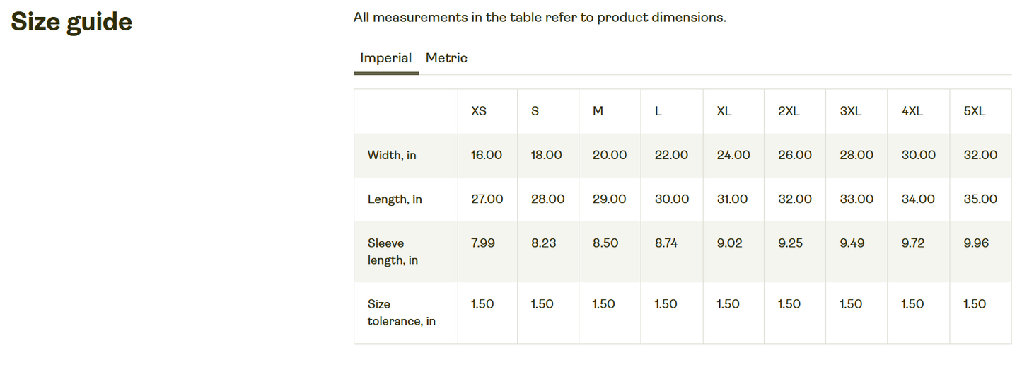 Take Time to Heal t-shirt  size chart in inches