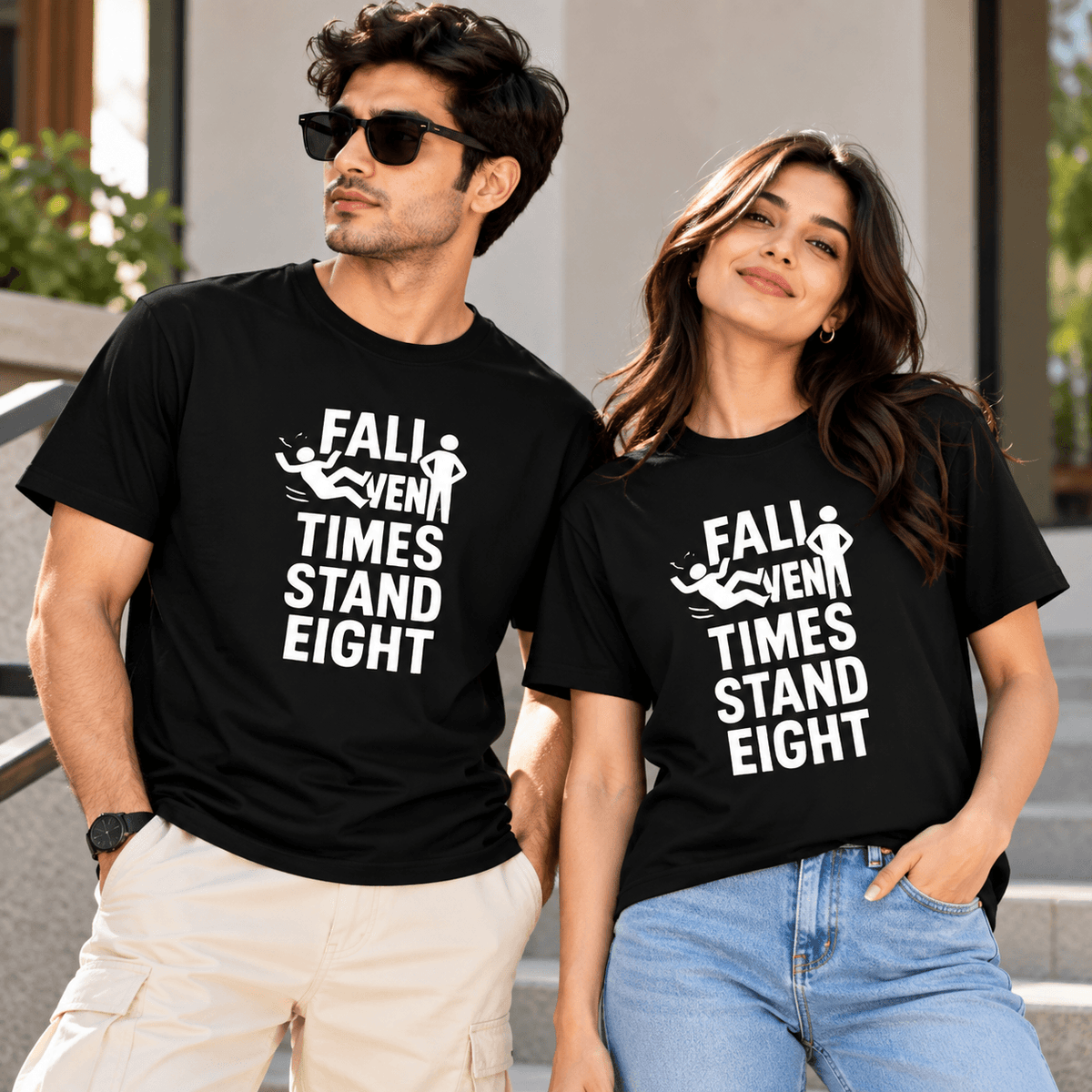 Fall Seven Times Stand Eight Motivational Graphic T-Shirt