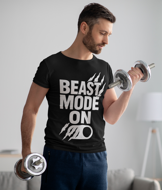 Man lifting weights wearing a black t-shirt with 'Beast Mode On' text.